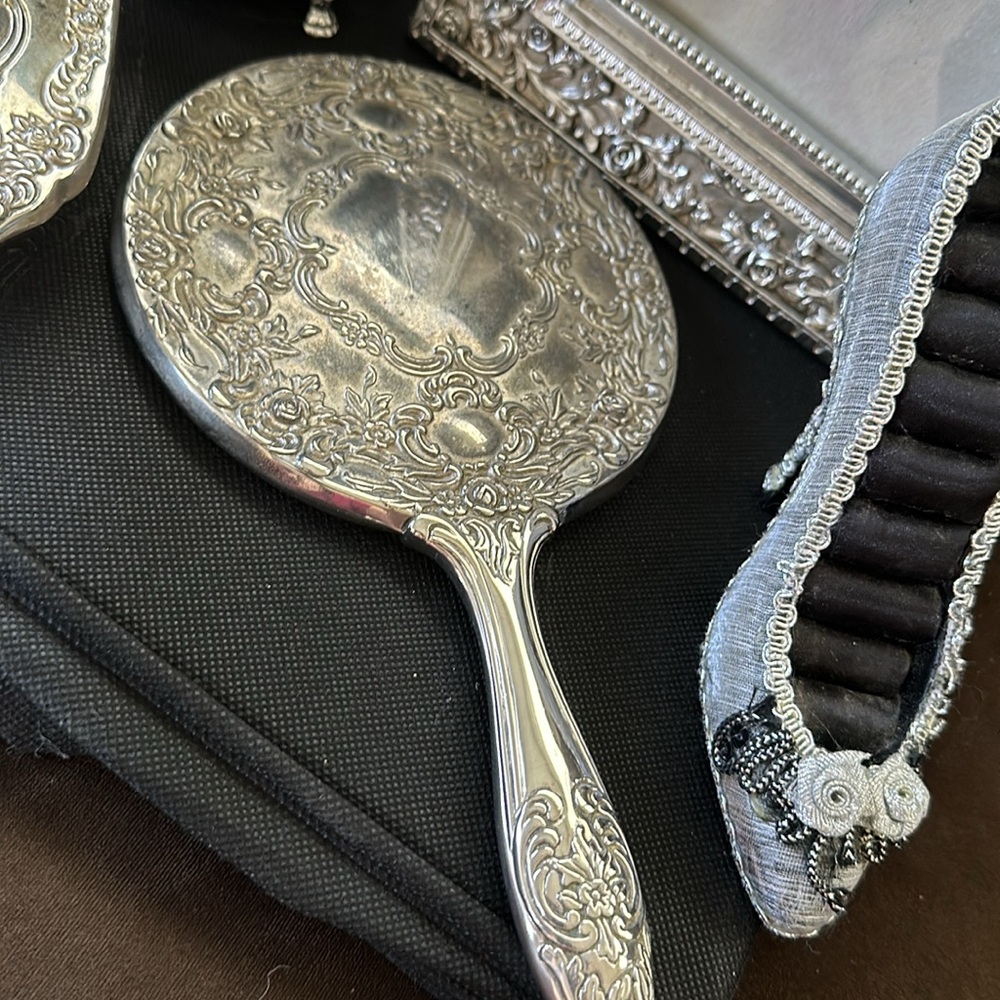 Vintage Silver Vanity Set Ornate Mirror, Brush, Trinket Box with Victorian Charm - Picture 12 of 16